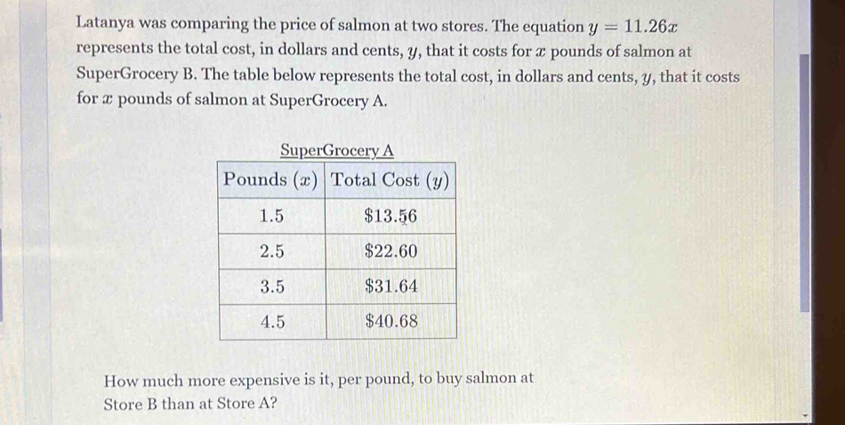 Latanya was comparing the price of salmon at two stores. The equation y=11.26x
represents the total cost, in dollars and cents, y, that it costs for x pounds of salmon at 
SuperGrocery B. The table below represents the total cost, in dollars and cents, y, that it costs 
for x pounds of salmon at SuperGrocery A. 
How much more expensive is it, per pound, to buy salmon at 
Store B than at Store A?