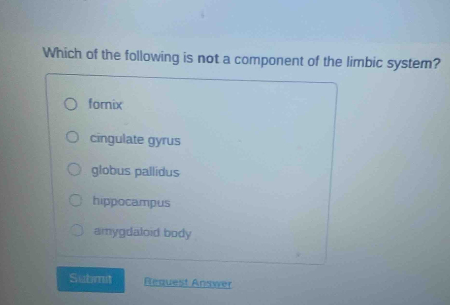 Which of the following is not a component of the limbic system?
forix
cingulate gyrus
globus pallidus
hippocampus
amygdaloid body
Submit Request Answer