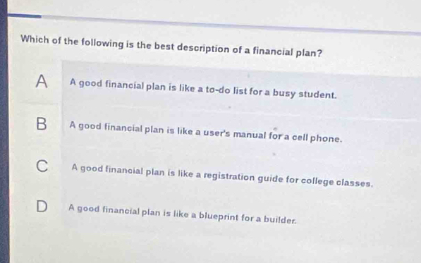 Which of the following is the best description of a financial plan?
A A good financial plan is like a to-do list for a busy student.
B A good financial plan is like a user's manual for a cell phone.
C A good financial plan is like a registration guide for college classes.
D A good financial plan is like a blueprint for a builder.