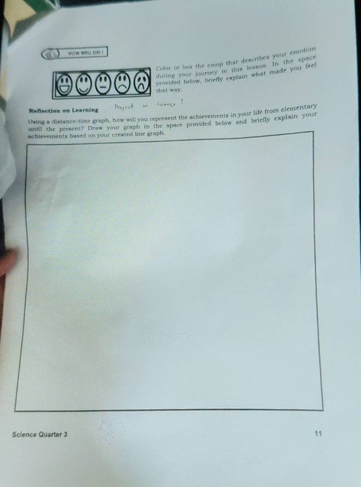 HOW WELL DID I 
olor or box the emoje that describes your emotion 
uring your journey in this lesson. In the space 
provided below, briefly explain what made you feel 
at way. 
Reflection on Learning 
Pojrct on sciany ? 
Using a distance-time graph, how will you represent the achievements in your life from elementary 
until the present? Draw your graph in the space provided below and briefly explain your 
achievements based on your created line graph. 
Science Quarter 3 11