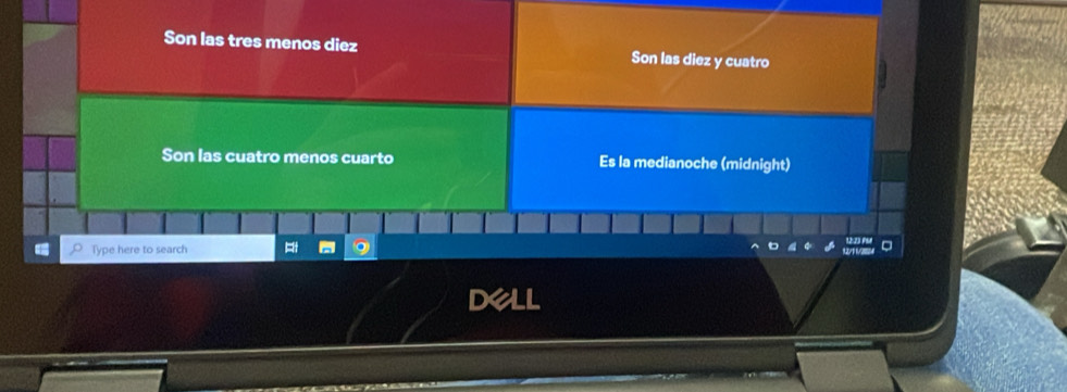 Son las tres menos diez Son las diez y cuatro
Son las cuatro menos cuarto Es la medianoche (midnight)
Type here to search
dell