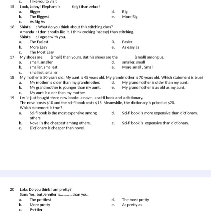 c. I like you to visit
15 Look, Johny! Elephant is (big) than zebra!
a. Bigger d. Big
b. The Biggest e. More Big
c. As Big As
16 Shinta : What do you think about this stitching class?
Amanda : I don't really like it. I think cooking is(easy) than stitching.
Shinta : I agree with you.
a. The Easiest D. Easier
b. More Easy e. As easy as
c. The Most Easy
17 My shoes are _(small) than yours. But his shoes are the _(small) among us.
a. small, smaller d. smaller, small
b. smaller, smallest e. More small , Small
c. smallest. smaller
18 My mother is 50 years old. My aunt is 45 years old. My grandmother is 70 years old. Which statement is true?
a. My mother is older than my grandmother. d. My grandmother is older than my aunt.
b. My grandmother is younger than my aunt. e. My grandmother is as old as my aunt.
c. My aunt is older than my mother.
19 Leslie just bought three new books; a novel, a sci-fi book and a dictionary.
The novel costs $10 and the sci-fi book costs $15. Meanwhile, the dictionary is priced at $20.
Which statement is true?
a. Sci-fi book is the most expensive among d. Sci-fi book is more expensive than dictionary.
others.
b. Novel is the cheapest among others. e. Sci-fi book is expensive than dictionary.
c. Dictionary is cheaper than novel.
20 Lola: Do you think I am pretty?
Sam: Yes, but Jennifer is._ than you.
a. The prettiest d. The most pretty
b. More pretty e. As pretty as
c. Prettier