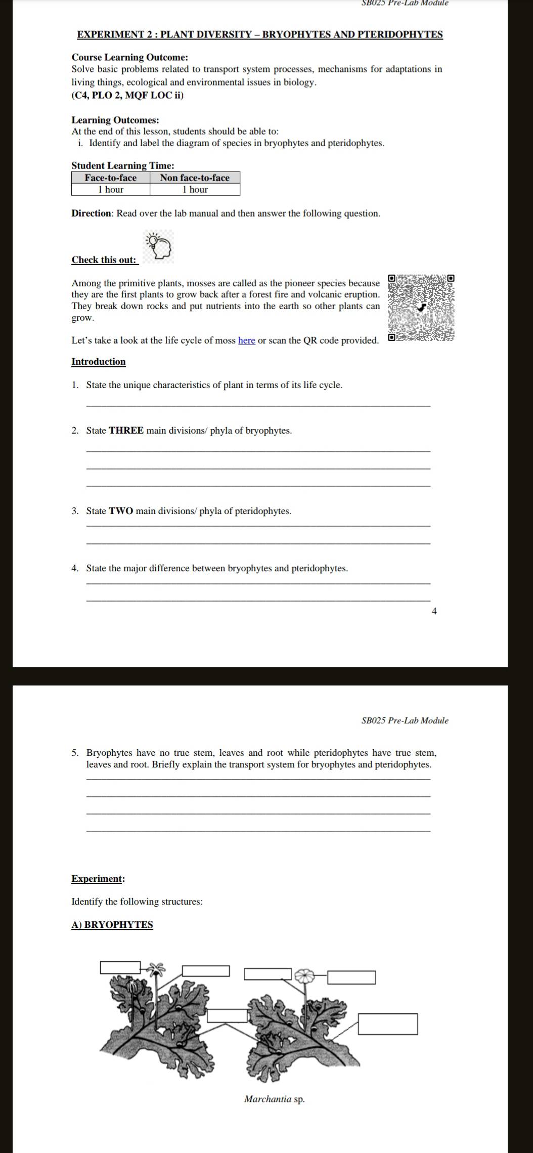 EXPERIMENT 2 : PLANT DIVERSITY - BRYOPHYTES AND PTERIDOPHYTES 
Course Learning Outcome: 
Solve basic problems related to transport system processes, mechanisms for adaptations in 
living things, ecological and environmental issues in biology. 
(C4, PLO 2, MQF LOC ii) 
Learning Outcomes: 
At the end of this lesson, students should be able to: 
i. Identify and label the diagram of species in bryophytes and pteridophytes. 
Direction: Read over the lab manual and then answer the following question 
Check this out: 
Among the primitive plants, mosses are called as the pioneer species because 
they are the first plants to grow back after a forest fire and volcanic eruption 
They break down rocks and put nutrients into the earth so other plants can 
grow. 
Let’s take a look at the life cycle of moss here or scan the QR code provided. 
Introduction 
1. State the unique characteristics of plant in terms of its life cycle. 
_ 
2. State THREE main divisions/ phyla of bryophytes. 
_ 
_ 
_ 
3. State TWO main divisions/ phyla of pteridophytes. 
_ 
_ 
4. State the major difference between bryophytes and pteridophytes. 
_ 
_ 
SB025 Pre-Lab Module 
5. Bryophytes have no true stem, leaves and root while pteridophytes have true stem, 
leaves and root. Briefly explain the transport system for bryophytes and pteridophytes. 
_ 
_ 
_ 
_ 
Experiment: 
Identify the following structures: 
A) BRYOPHYTES
