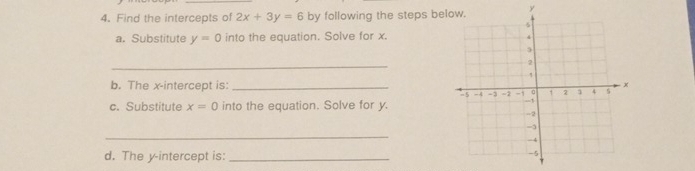 Find the intercepts of 2x+3y=6 by following the steps be y
a. Substitute y=0 into the equation. Solve for x. 
_ 
b. The x-intercept is: _ 
c. Substitute x=0 into the equation. Solve for y. 
_ 
d. The y-intercept is:_