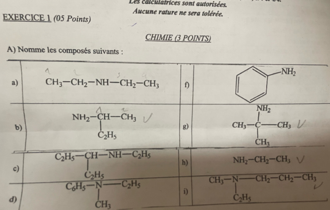 Les calculatrices sont autorisées.
Aucune rature ne sera tolérée.
EXERCICE 1 (05 Points)
CHIMIE (3 POINTS)
A) Nomme les composés sui