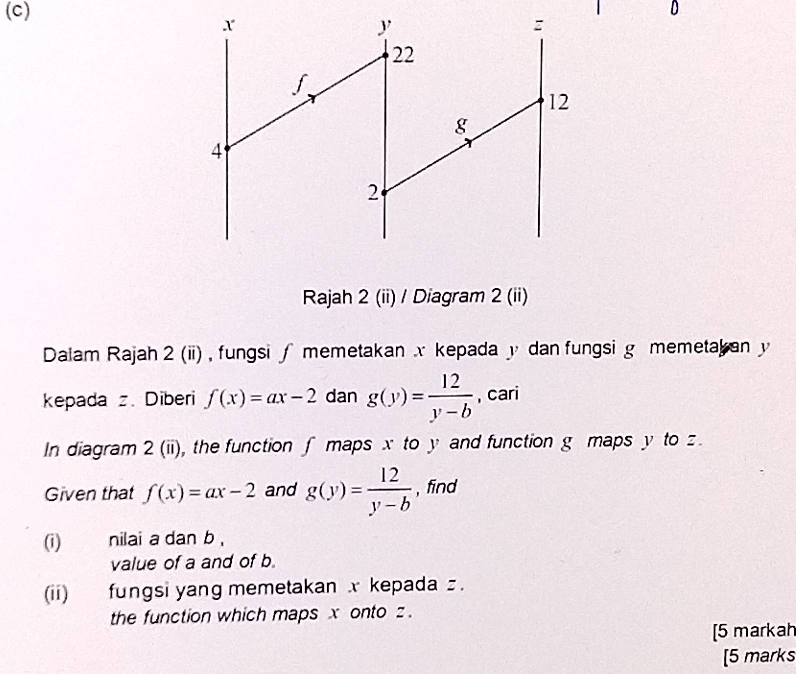 Rajah 2 (ii) / Diagram 2 (ii) 
Dalam Rajah 2 (ii) , fungsi ∫ memetakan x kepada y dan fungsi g memetak an y
kepada z. Diberi f(x)=ax-2 dan g(y)= 12/y-b  , cari 
In diagram 2 (ii), the function ∫ maps x to y and function g maps y to z. 
Given that f(x)=ax-2 and g(y)= 12/y-b  , find 
(i) nilai a dan b , 
value of a and of b
(ii) fungsi yang memetakan x kepada z. 
the function which maps x onto z. 
[5 markah 
[5 marks