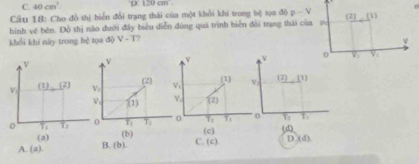 C. 40cm^3.
D 120cm
n
Câu 18: Cho đồ thị biển đổi trạng thái của một khổi khí trong hệ tọa độ p-V (2) (3)
hình vẽ bên. Đồ thị nào dưới đây biểu diễn đúng quá trình biển đổi trạng thái của:
khổi khī này trong hệ tọa độ V-T ?
0 overline V_2 V_1
v
V
V_2
(2)(1)
V_1 (1),(2)
0 overline T_1 overline T_2 0 overline T_2 T_1
(a) (b)(c)
(d)
C. (c)
D. (d).
A. (a).
B. (b)