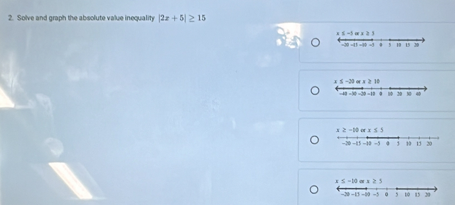 Solve and graph the absolute value inequality |2x+5|≥ 15