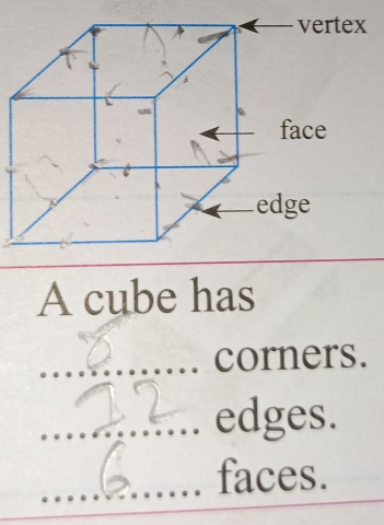 A cube has 
_corners. 
_edges. 
_faces.