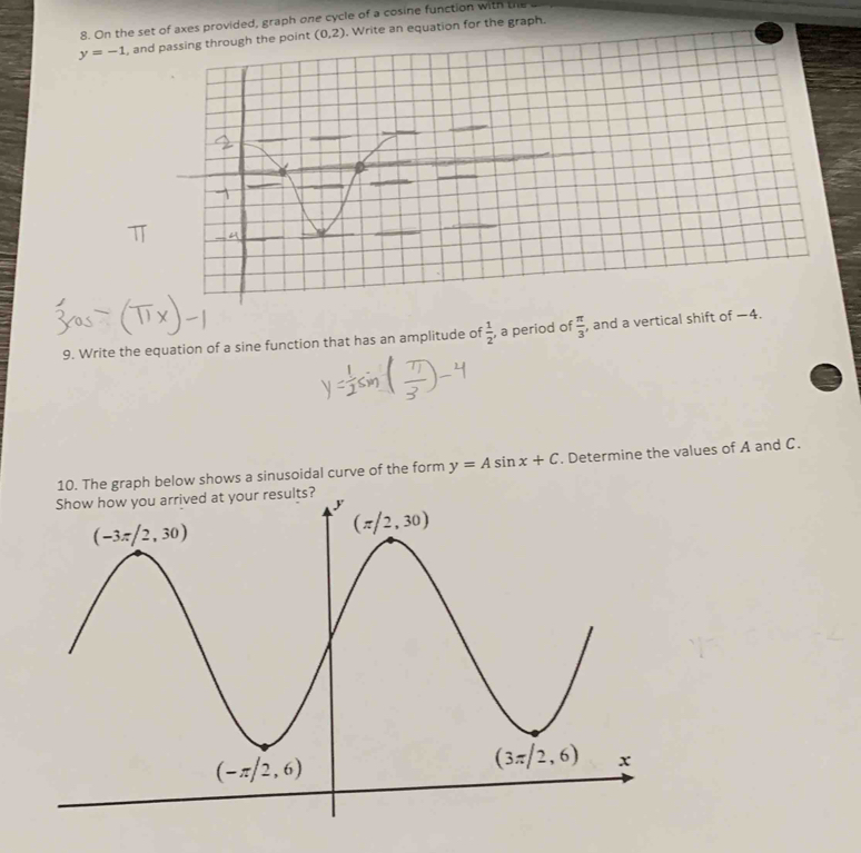 On the set of axes provided, graph one cycle of a cosine function with the
y=-1 , and passing through the point (0,2) , Write an equation for the graph.
9. Write the equation of a sine function that has an amplitude of  1/2  , a period of  π /3  , and a vertical shift of −4.
10. The graph below shows a sinusoidal curve of the form y=Asin x+C. Determine the values of A and C.