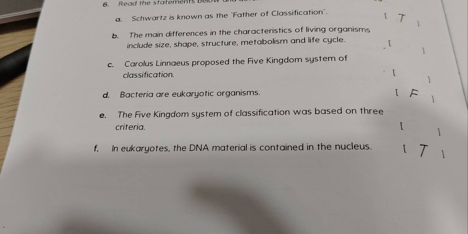 Read the statements belu 
a. Schwartz is known as the `Father of Classification`. 

b. The main differences in the characteristics of living organisms 
include size, shape, structure, metabolism and life cycle. 
[ 
1 
c. Carolus Linnaeus proposed the Five Kingdom system of 
classification. 
[ 
1 
d. Bacteria are eukaryotic organisms. [ F 
1 
e. The Five Kingdom system of classification was based on three 
criteria. [ ] 
f. In eukaryotes, the DNA material is contained in the nucleus. 「 T