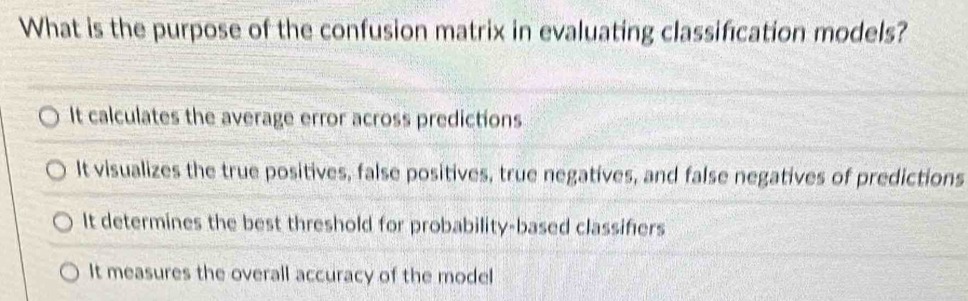 What is the purpose of the confusion matrix in evaluating classification models?
It calculates the average error across predictions
It visualizes the true positives, false positives, true negatives, and false negatives of predictions
It determines the best threshold for probability-based classifers
It measures the overall accuracy of the model