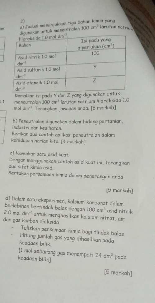 an a) Jadual menunjukkan tiga bahan kimia yang
an untuk meneutralan 100cm^3 larutan natriun
Ramalkan isi padu Y dan Z yang diguna
0.1 meneutralan 100cm^3 larutan natrium hidroksida 1.0
moldm^(-3). Terangkan jawapan anda. [6 markah]
b) Peneutralan digunakan dalam bidang pertanian,
industri dan kesihatan.
Berikan dua contoh aplikasi peneutralan dalam
kehidupan harian kita. [4 markah]
c) Namakan satu asid kuat.
Dengan menggunakan contoh asid kuat ini, terangkan
dua sifat kimia asid.
Sertakan persamaan kimia dalam penerangan anda
[5 markah]
d) Dalam satu eksperimen, kalsium karbonat dalam
berlebihan bertindak balas dengan 100cm^3 asid nitrik
2.0mo dm^(-3) untuk menghasilkan kalsium nitrat, air
dan gas karbon dioksida.
Tuliskan persamaan kimia bagi tindak balas
Hitung jumlah gas yang dihasilkan pada
keadaan bilik.
[1 mol sebarang gas menempati 24dm^3 pada
keadaan bilik]
[5 markah]