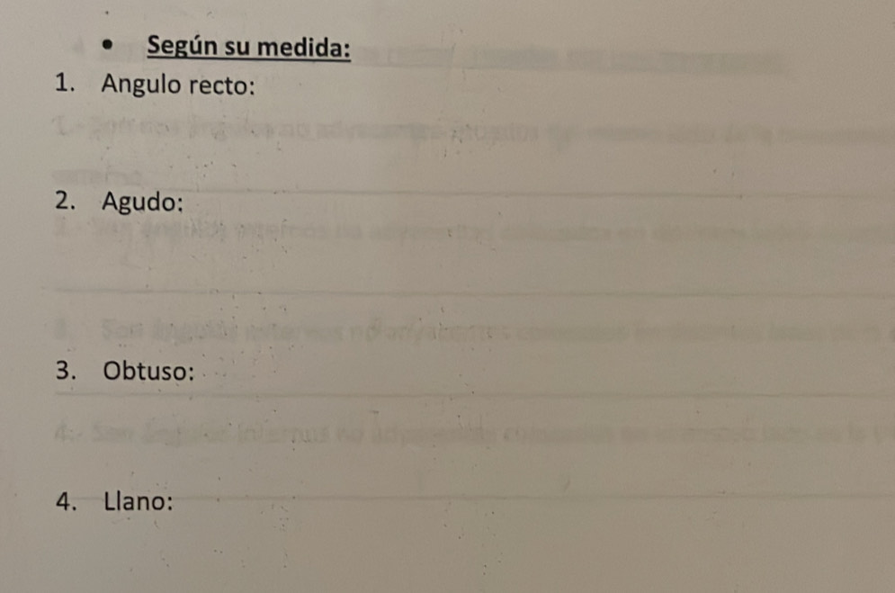 Según su medida: 
1. Angulo recto: 
2. Agudo: 
3. Obtuso: 
4. Llano: