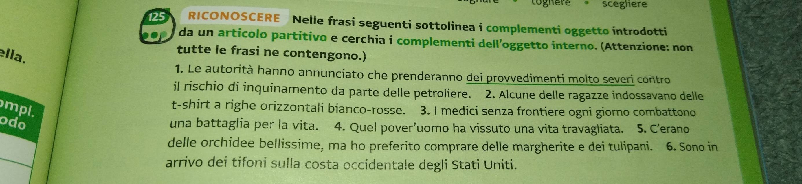 toghere scegher 
125 RICONOSCERE Nelle frasi seguenti sottolinea i complementi oggetto introdotti 
da un articolo partitivo e cerchia i complementi dell’oggetto interno. (Attenzione: non 
ella. 
tutte le frasi ne contengono.) 
1. Le autorità hanno annunciato che prenderanno dei provvedimenti molto severi contro 
il rischio di inquinamento da parte delle petroliere. 2. Alcune delle ragazze indossavano delle 
t-shirt a righe orizzontali bianco-rosse. 3. I medici senza frontiere ogni giorno combattono 
mpl. 
odo 
una battaglia per la vita. 4. Quel pover’uomo ha vissuto una vita travagliata. 5. C’erano 
delle orchidee bellissime, ma ho preferito comprare delle margherite e dei tulipani. 6. Sono in 
arrivo dei tifoni sulla costa occidentale degli Stati Uniti.