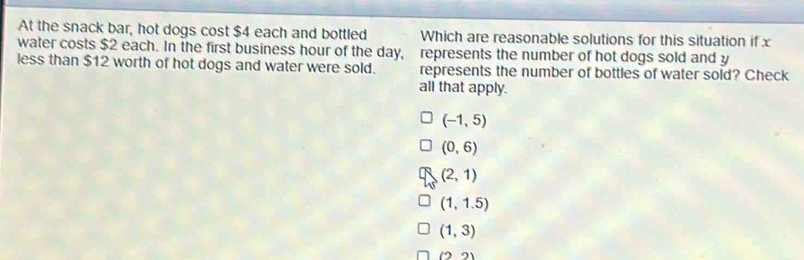 At the snack bar, hot dogs cost $4 each and bottled Which are reasonable solutions for this situation if x
water costs $2 each. In the first business hour of the day, represents the number of hot dogs sold and y
less than $12 worth of hot dogs and water were sold. represents the number of bottles of water sold? Check
all that apply.
(-1,5)
(0,6)
(2,1)
(1,1.5)
(1,3)
(2