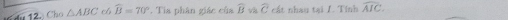 Chu12. Cho △ ABC c widehat B=70° *. Tia phân giác của widehat B và widehat C cất nhau tại I. Tính widehat AIC.