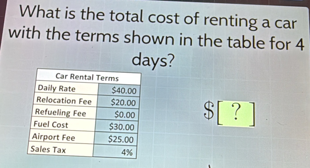 What is the total cost of renting a car 
with the terms shown in the table for 4
days?
$ [ ?