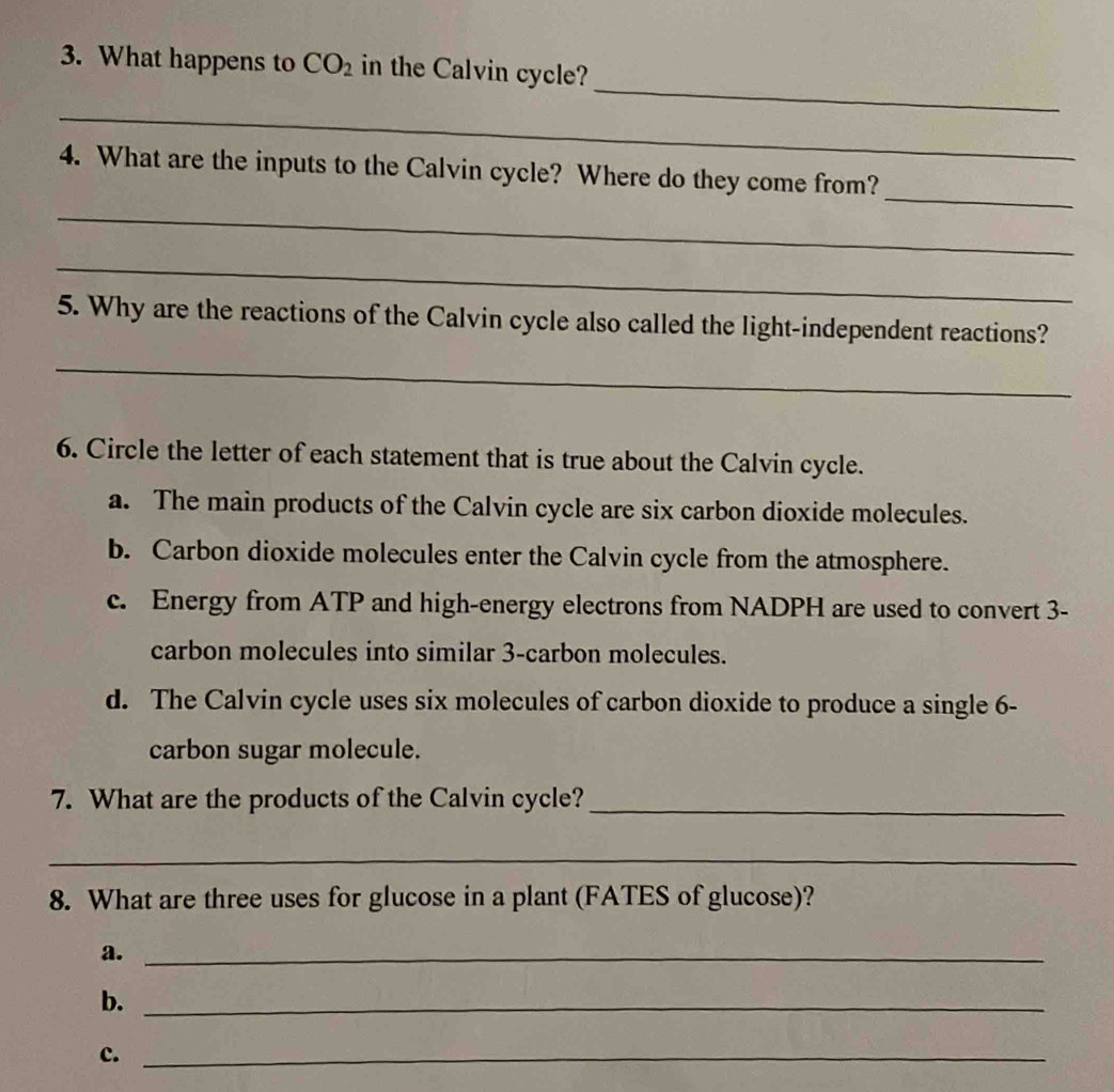 What happens to CO_2 in the Calvin cycle?
_
_
4. What are the inputs to the Calvin cycle? Where do they come from?
_
_
5. Why are the reactions of the Calvin cycle also called the light-independent reactions?
_
6. Circle the letter of each statement that is true about the Calvin cycle.
a. The main products of the Calvin cycle are six carbon dioxide molecules.
b. Carbon dioxide molecules enter the Calvin cycle from the atmosphere.
c. Energy from ATP and high-energy electrons from NADPH are used to convert 3 -
carbon molecules into similar 3 -carbon molecules.
d. The Calvin cycle uses six molecules of carbon dioxide to produce a single 6 -
carbon sugar molecule.
7. What are the products of the Calvin cycle?_
_
8. What are three uses for glucose in a plant (FATES of glucose)?
a._
b._
c._