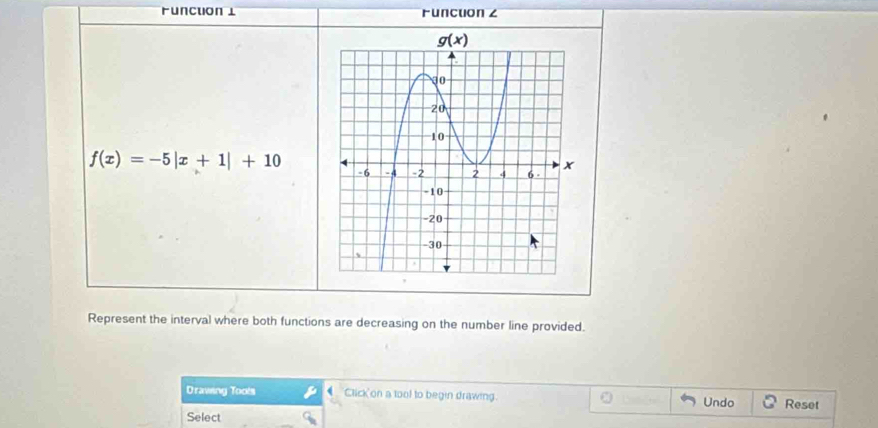 runcuon ⊥ runcuon z
Represent the interval where both functions are decreasing on the number line provided.
Draving Tools Click on a tool to begin drawing. Undo Reset
Select