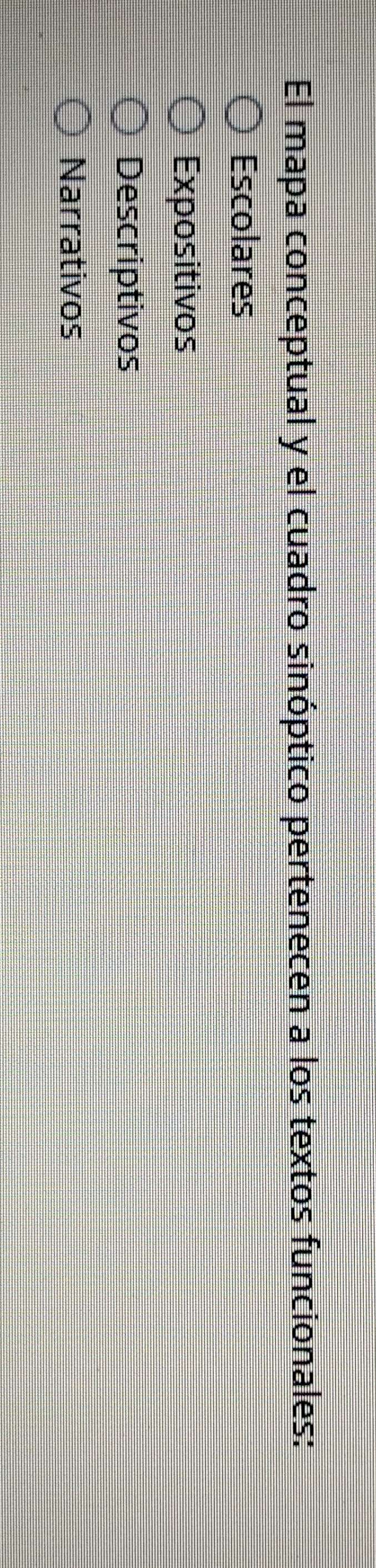El mapa conceptual y el cuadro sinóptico pertenecen a los textos funcionales:
Escolares
Expositivos
Descriptivos
Narrativos