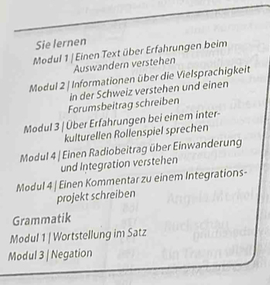 Sie lernen 
Modul 1 | Einen Text über Erfahrungen beim 
Auswandern verstehen 
Modul 2 | Informationen über die Vielsprachigkeit 
in der Schweiz verstehen und einen 
Forumsbeitrag schreiben 
Modul 3 | Über Erfahrungen bei einem inter- 
kulturellen Rollenspiel sprechen 
Modul 4 | Einen Radiobeitrag über Einwanderung 
und Integration verstehen 
Modul 4 | Einen Kommentar zu einem Integrations- 
projekt schreiben 
Grammatik 
Modul 1 | Wortstellung im Satz 
Modul 3 | Negation