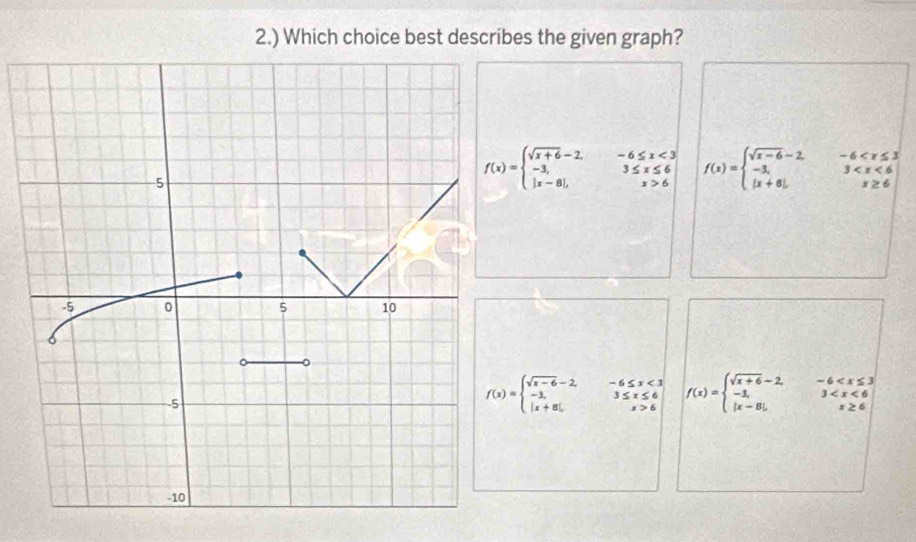 2.) Which choice best describes the given graph?
f(x)=beginarrayl sqrt(x+6)-2,-6≤ x<3 -3,3≤ x≤ 6 |x-8|,x>6endarray. f(x)=beginarrayl sqrt(x-6)-2,-6
f(x)=beginarrayl sqrt(x-6)-2,-6≤ x<3 -3,3≤ x≤ 6 |x+8|,x>6endarray. f(x)=beginarrayl sqrt(x+6)-2,-6