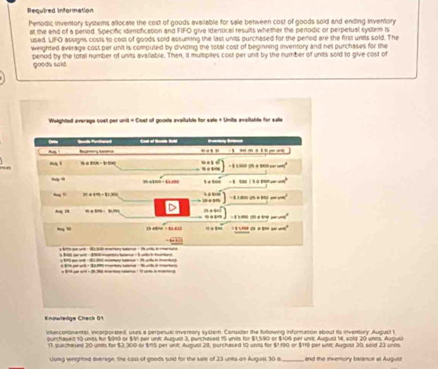 Required information
Perodic inventory systems allocate the cost of goods available for sale between cost of goods soid and ending inventory
at the end of a penod. Specific identfication and FIFO give identical results whether the pertodic or perpetual system is
used. LIFO assigns costs to cost of goods sold assuming the last units purchased for the period are the first units sold. The
weighted average cost per unit is computed by dividing the total cost of beginning inventory and net purchases for the
penod by the total number of units available. Then, it multipiles cost per unit by the number of units sold to give cost of
goods sold
Weighted average cost per unit « Cost of goods avaitable for sale + Units avaitable for sale
Oute Gunda Parthared Cont of Gonda Beti Iery Belencs
fut1 Begnen taranca  1  ó no e 1 % per umo
10 06 u a s sī
ron Aig 1  f(x)=[1,t] § 2.500 015 # 500 oer wr?
Aug st § e tuo - 8 500 1 5 0 800 ow un
79+100/ 61=
40gll x=0.0)+1220 % 6 90 - § 3.801 G7% φ B12 cm um"
20 a 5m
A=28 0.01m=0.09
maim =§ 1, 990 C1 φtna ser ue
Hto 30 + § Nse (3 0 th4 oe und'
11 64* 4=13.823 o a tu
a $10 por un:  153 500 intury sutuos : 76 unt in rantur
10 se ant-  1506  Sn - 5 t d ma d 
e 190 po cst - 52 200 mumory taee : 7% prta in inturd 
o Srta por unit = 1$3,99) rmentony ttamus - 1 unita 6 eentorl
* S sue wrid - 2 3 aartary calarn 1 1 soe in mentory
Knowledge Check 01
intercontmental, incorperated, uses a perpetual inventory system. Consider the following Information about its inventory. August I
purchased 10 umts for $910 or $91 per unit; August 3, purchased 15 units for $1,590 or $106 per unit: August 14, sold 20 units; Augusi
17, purchased 20 units for $2,300 or $115 per unit: August 28, purchased 10 units for $1.190 or $110 per unit: August 30, sold 23 units
Using weighted averege, the cost of goods sold for the sale of 23 unts on August 30 is _ and the inventory balance at Auguist