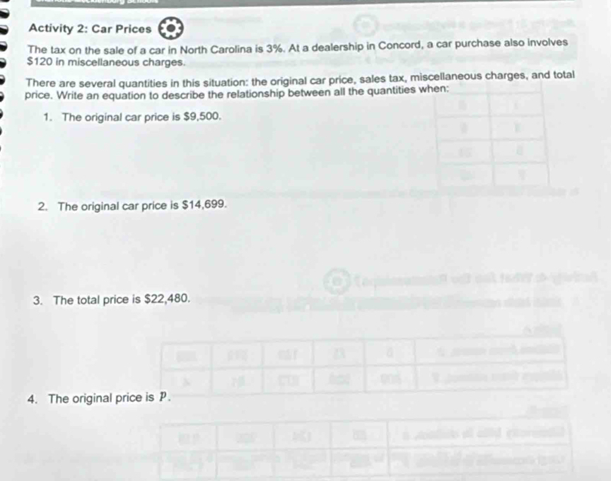 Activity 2: Car Prices 
The tax on the sale of a car in North Carolina is 3%. At a dealership in Concord, a car purchase also involves
$120 in miscellaneous charges. 
There are several quantities in this situation: the original car price, sales tax, miscellaneous charges, and total 
price. Write an equation to describe the relationship between all the quantities 
1. The original car price is $9,500. 
2. The original car price is $14,699. 
3. The total price is $22,480. 
4. The original p