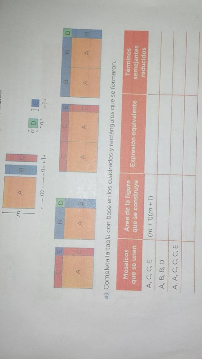 A 8
n D
m -n-1- n^(-1) ,-1→
a
B D
A C A B
a) Completa la tabla con base en los cuadrados y rectáng