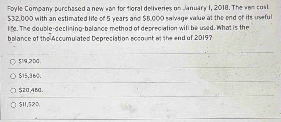 Foyle Company purchased a new van for floral deliveries on January 1, 2018. The van cost
$32,000 with an estimated life of 5 years and $8,000 salvage value at the end of its useful
life. The double-declining-balance method of depreciation will be used. What is the
balance of the Accumulated Depreciation account at the end of 2019?
$19,200.
$15,360.
$20,480.
$11,520.