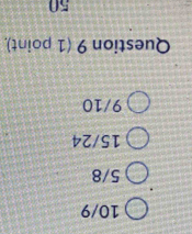 10/9
5/8
15/24
9/10
Question 9 (1 point),
50