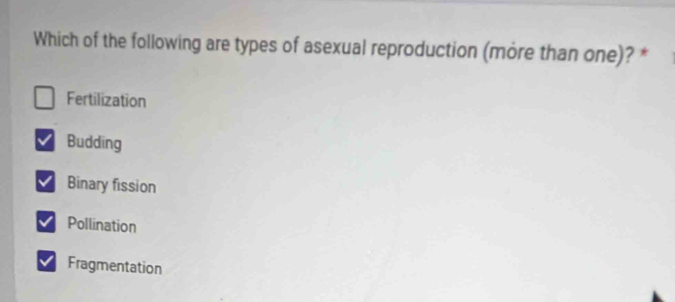 Which of the following are types of asexual reproduction (more than one)? *
Fertilization
Budding
Binary fission
Pollination
Fragmentation