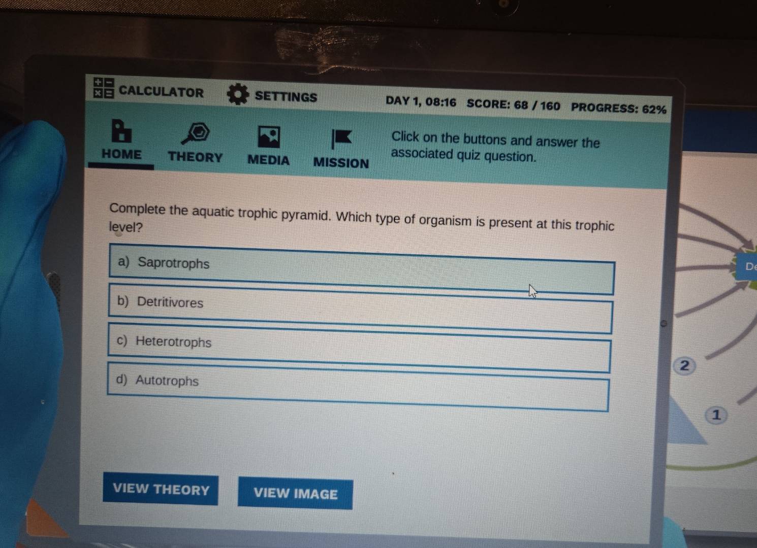 CALCULATOR SETTINGS DAY 1, 08:16 SCORE: 68 / 160 PROGRESS: 62%
Click on the buttons and answer the
associated quiz question.
HOME THEORY MEDIA MISSION
Complete the aquatic trophic pyramid. Which type of organism is present at this trophic
level?
a) Saprotrophs
D
b) Detritivores
c) Heterotrophs
②
d) Autotrophs
1
VIEW THEORY VIEW IMAGE