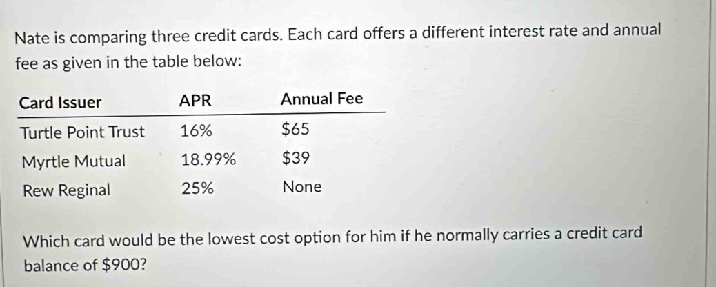 Nate is comparing three credit cards. Each card offers a different interest rate and annual 
fee as given in the table below: 
Which card would be the lowest cost option for him if he normally carries a credit card 
balance of $900?