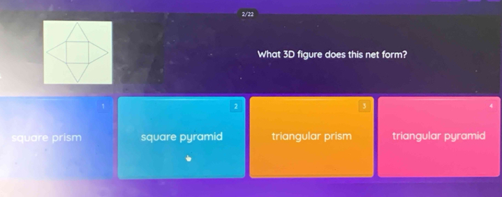 2/22
What 3D figure does this net form?
1
2
3
4
square prism square pyramid triangular prism triangular pyramid