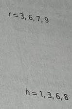 r=3,6,7,9
h=1,3,6,8