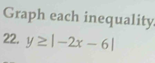 Graph each inequality 
22. y≥ |-2x-6|