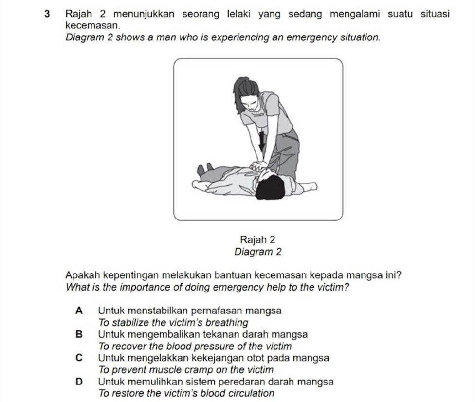 Rajah 2 menunjukkan seorang lelaki yang sedang mengalami suatu situasi
kecemasan.
Diagram 2 shows a man who is experiencing an emergency situation.
Rajah 2
Diagram 2
Apakah kepentingan melakukan bantuan kecemasan kepada mangsa ini?
What is the importance of doing emergency help to the victim?
A Untuk menstabilkan pernafasan mangsa
To stabilize the victim's breathing
B Untuk mengembalikan tekanan darah mangsa
To recover the blood pressure of the victim
C Untuk mengelakkan kekejangan otot pada mangsa
To prevent muscle cramp on the victim
D Untuk memulihkan sistem peredaran darah mangsa
To restore the victim's blood circulation