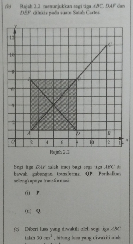 Rajah 2.2 menunjukkan segi tiga ABC, DAF dan
DEF dilukis pada suatu Satah Cartes. 
Segi tiga DAF ialah imej bagi segi tiga ABC di 
bawah gabungan transformsi QP. Perihalkan 
selengkapnya transformasi 
(i) ⊆P, 
(ii) Q. 
(c) Diberi luas yang diwakili oleh segi tiga ABC
ialah 30cm^2 , hitung luas yang diwakili oleh