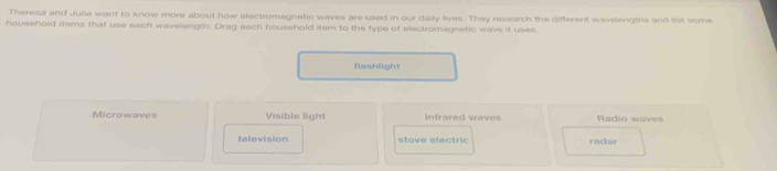 Theresa and Julia want to know more about how electromagnetic waves are used in our daily lives. They research the different wavelengths and list some
household items that use each wavelength. Drag each household item to the type of electromagnetic wave it uses.
flashlight
Microwaves Visible light Infrared waves Radio waves
television stove electric radar