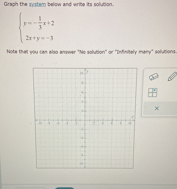 Graph the system below and write its solution.
beginarrayl y=- 1/3 x+2 2x+y=-3endarray.
Note that you can also answer "No solution" or "Infinitely many" solutions. 
×