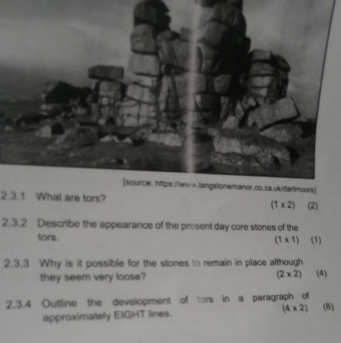 What are tors? (1* 2) (2) 
2.3.2 Describe the appearance of the present day core stones of the 
tors. (1)
(1* 1)
2.3.3 Why is it possible for the stones to remain in place although 
they seem very loose? (2* 2) (4) 
2.3,4 Outline the development of tors in a paragraph of 
approximately EIGHT lines. (4* 2) (8)