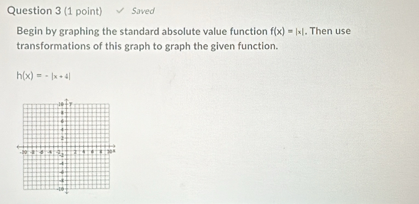 Saved 
Begin by graphing the standard absolute value function f(x)=|x|. Then use 
transformations of this graph to graph the given function.
h(x)=-|x+4|