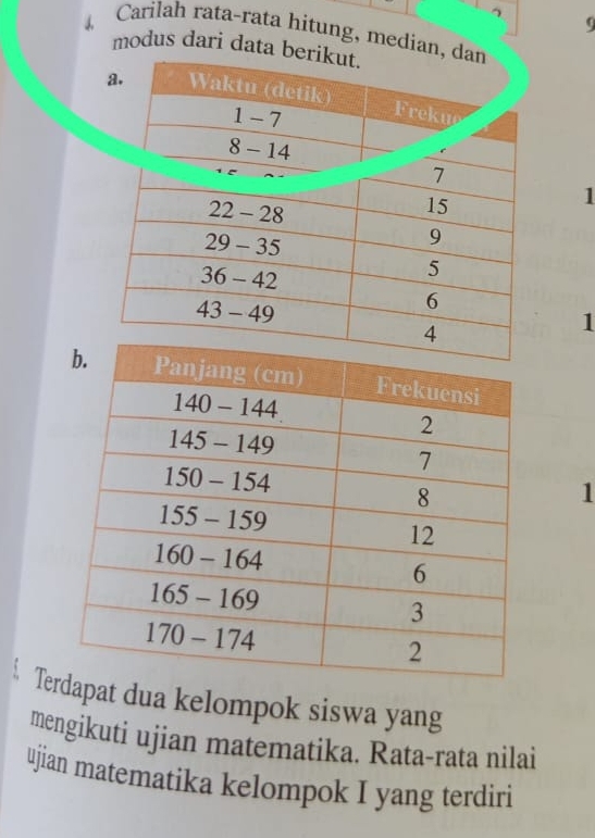 Carilah rata-rata hitung, median 
modus dari data 
1 
1 
1 
Tepat dua kelompok siswa yang 
mengikuti ujian matematika. Rata-rata nilai 
ujian matematika kelompok I yang terdiri