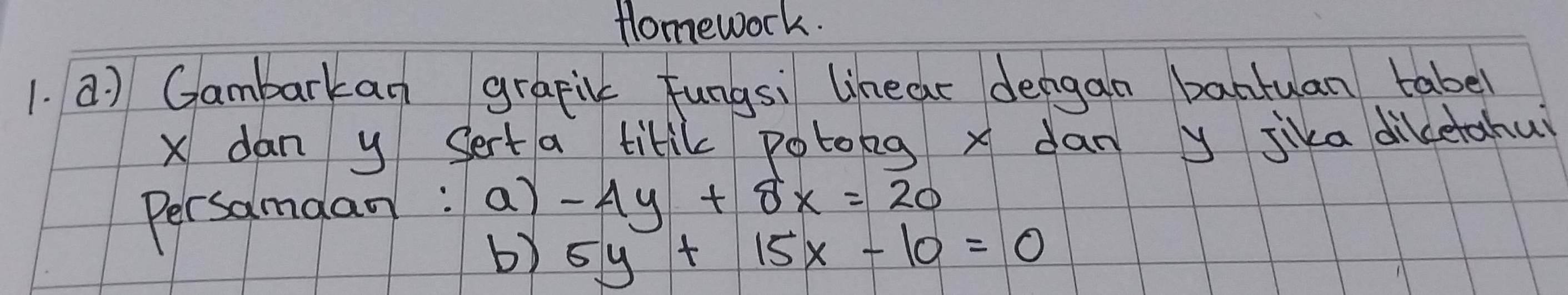 Homework.
1. a) Gambarkan grapikc Fungsi linear dengan bantuan tabel
X dan y Sert a titik potong x dan y jika diketahu
Persamaan: a) -4y+8x=20
b) 5y+15x-10=0