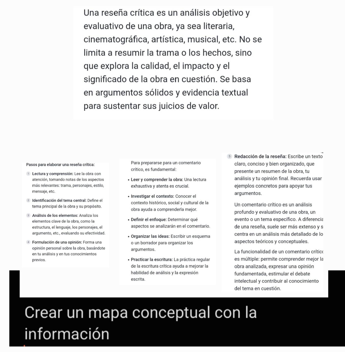 Una reseña crítica es un análisis objetivo y
evaluativo de una obra, ya sea literaria,
cinematográfica, artística, musical, etc. No se
limita a resumir la trama o los hechos, sino
que explora la calidad, el impacto y el
significado de la obra en cuestión. Se basa
en argumentos sólidos y evidencia textual
para sustentar sus juicios de valor.
5 Redacción de la reseña: Escribe un texto
Pasos para elaborar una reseña crítica: Para prepararse para un comentario claro, conciso y bien organizado, que
crítico, es fundamental:
Lectura y comprensión: Lee la obra con presente un resumen de la obra, tu
atención, tomando notas de los aspectos Leer y comprender la obra: Una lectura análisis y tu opinión final. Recuerda usar
más relevantes: trama, personajes, estilo, exhaustiva y atenta es crucial. ejemplos concretos para apoyar tus
mensaje, etc.
• Investigar el contexto: Conocer el argumentos.
Identificación del tema central: Define el
contexto histórico, social y cultural de la
tema principal de la obra y su propósito. Un comentario crítico es un análisis
obra ayuda a comprenderla mejor.
Análisis de Ios elementos: Analiza los profundo y evaluativo de una obra, un
elementos clave de la obra, como la  Definir el enfoque: Determinar qué evento o un tema específico. A diferencia
estructura, el lenguaje, los personajes, el aspectos se analizarán en el comentario. de una reseña, suele ser más extenso y s
argumento, etc., evaluando su efectividad. centra en un análisis más detallado de lo
Organizar las ideas: Escribir un esquema
④ Formulación de una opinión: Forma una o un borrador para organizar los aspectos teóricos y conceptuales.
opinión personal sobre la obra, basándote argumentos.  La funcionalidad de un comentario crítico
en tu análisis y en tus conocimientos
previos.  Practicar la escritura: La práctica regular es múltiple: permite comprender mejor la
de la escritura crítica ayuda a mejorar la obra analizada, expresar una opinión
habilidad de análisis y la expresión fundamentada, estimular el debate
escrita.
intelectual y contribuir al conocimiento
del tema en cuestión.
Crear un mapa conceptual con la
información