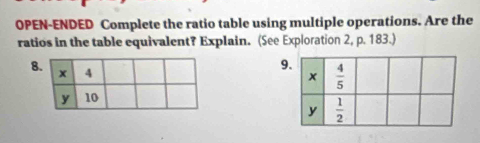 OPEN-ENDED Complete the ratio table using multiple operations. Are the
ratios in the table equivalent? Explain. (See Exploration 2, p. 183.)
8
9