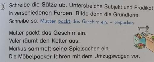 Schreibe die Sätze ab. Unterstreiche Subjekt und Prädikat 
in verschiedenen Farben. Bilde dann die Grundform. 
Schreibe so: Mutter packt das Geschirr ein. - einpacken 
Mutter packt das Geschirr ein. 
Vater räumt den Keller aus. 
Markus sammelt seine Spielsachen ein. 
Die Möbelpacker fahren mit dem Umzugswagen r.