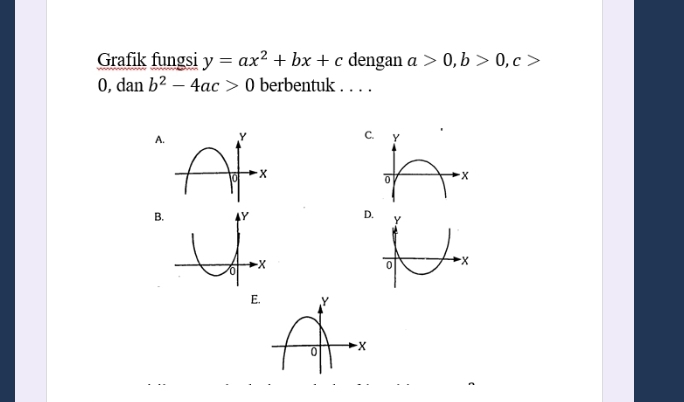 Grafik fungsi y=ax^2+bx+c dengan a>0, b>0, c>
0, dan b^2-4ac>0 berbentuk . . . . 
C. 
A 

B D
E